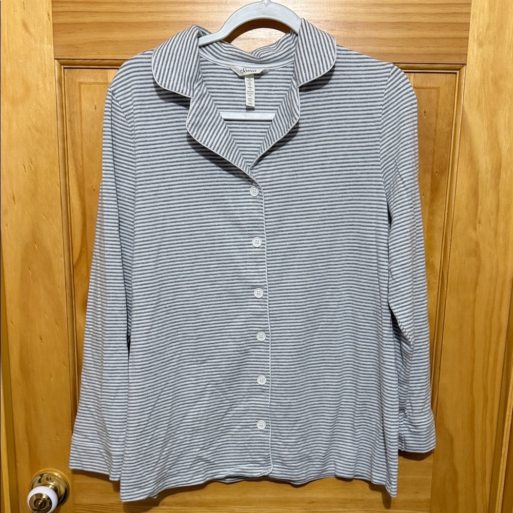 Soma Gray and White Large Striped Button-Down Pajama Top with a Little Sparkle.